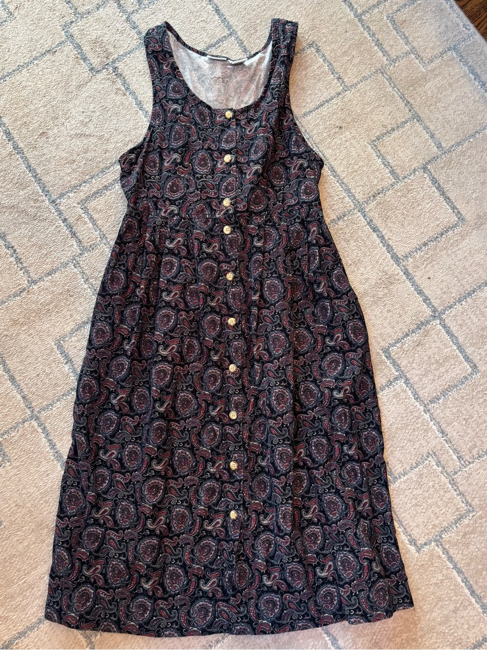 Women's Button-Front Corduroy Paisley Midi Dress in Black and Burgundy
